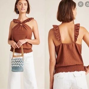 Anthropologie Brown Ruffled Halter Tank Top Blouse‎ Size Medium